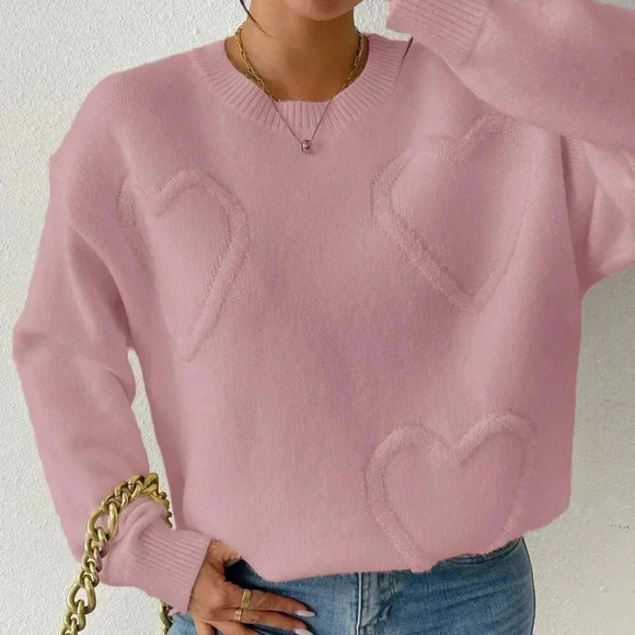 Sweaters - Pink Casual Women's Classic Heart Pattern Dropped Shoulder Sweater